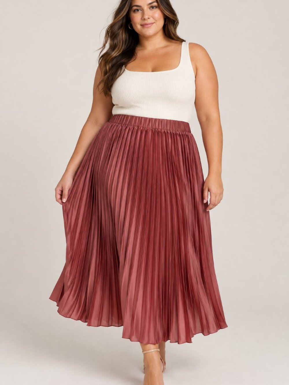 Arula Size B Pleated Midi Skirt Dusty Rose Pink Elastic Waist A-Line